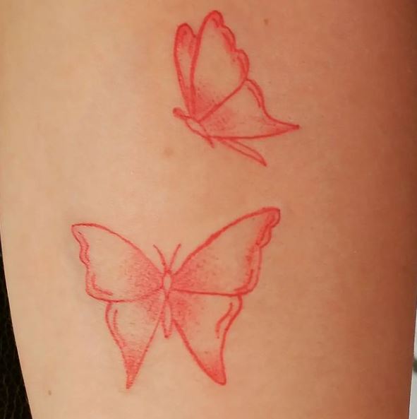 Red Shaded Butterflies Leg Tattoo