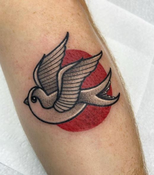 Red Sun Background Grey Swallow Arm Tattoo