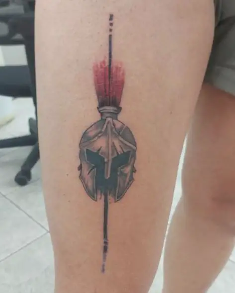 Spartan Helmet with Red Plume Thigh Tattoo