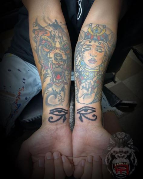 Colored Queen and Wolf and Eye of Horus Wrists Tattoo