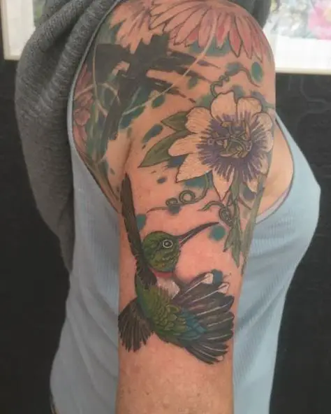 Colored Hummingbird and Lily Tattoo