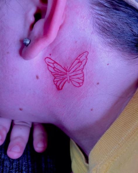 Red Lined Butterfly behind Ear Tattoo