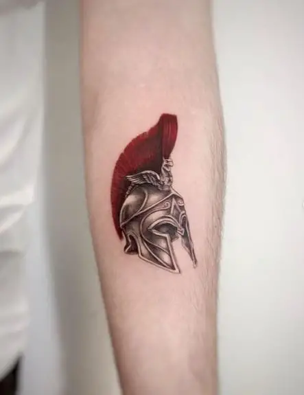 Red Plume on Spartan Helmet Forearm Tattoo