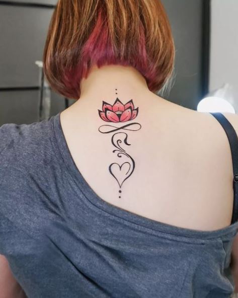 Black and Red Lotus Flower Spine Tattoo