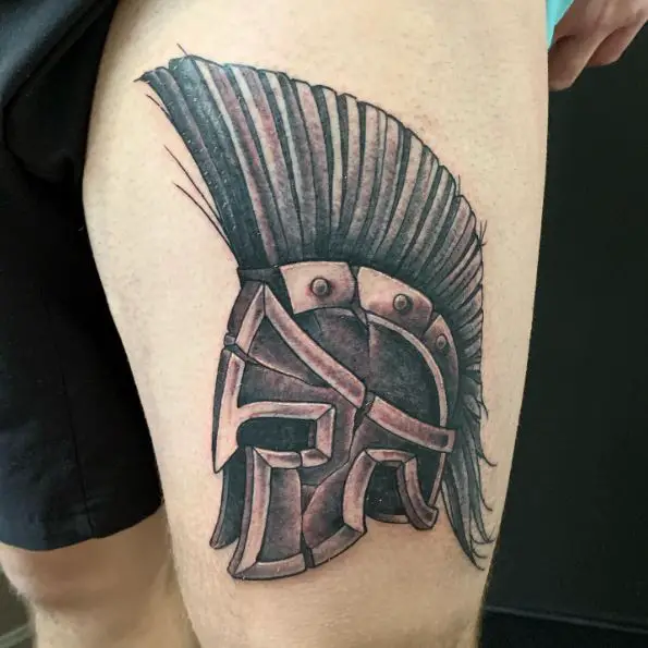 Shaded Spartan Helmet Thigh Tattoo