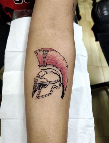 Spartan Helmet with Red Plume Forearm Tattoo