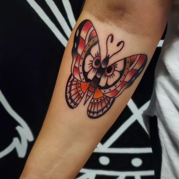 Butterfly with Black and Red Wings Arm Tattoo