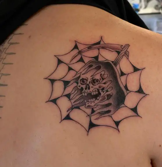 Skull and Spider Web Shoulder Tattoo