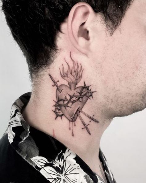 Grey Stabbed Bleeding Sacred Heart Neck Tattoo