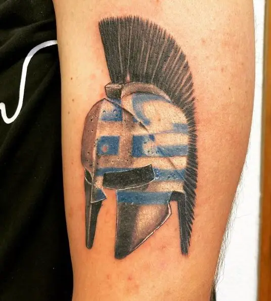 Spartan Helmet with Greek Flag Biceps Tattoo