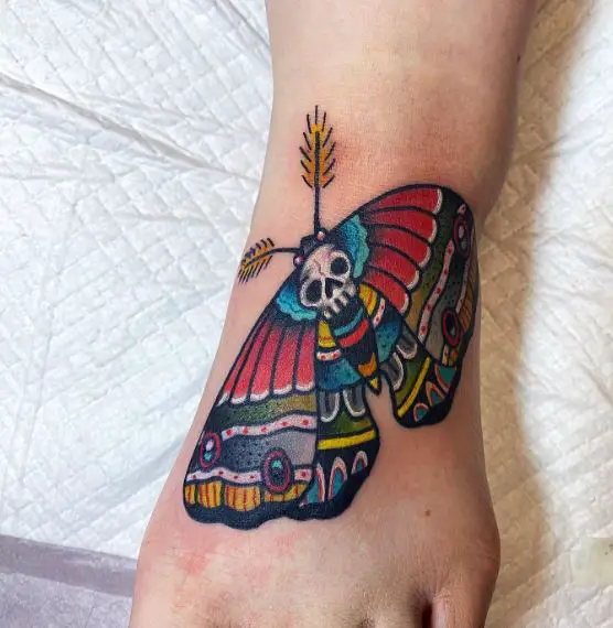 Colored Butterfly with Skull Foot Tattoo