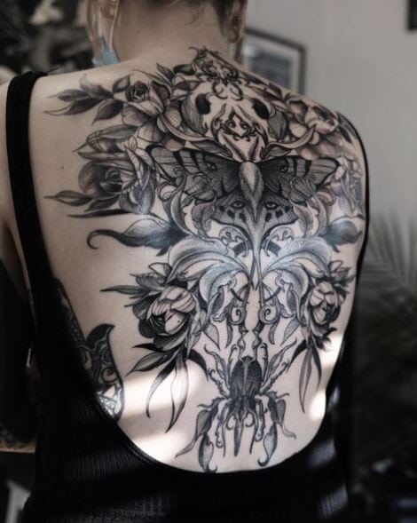 Black and Grey Flowers and Moth Back Tattoo