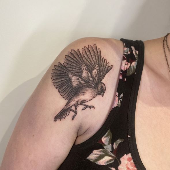 Sparrow with Spread Wings Shoulder Tattoo