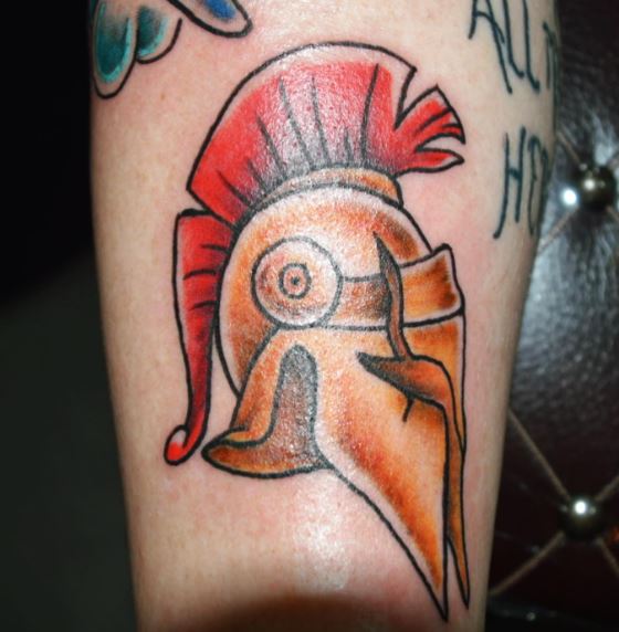 Orange Spartan Helmet with Red Plume Tattoo
