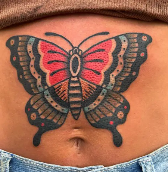 Colored Butterfly Belly Tattoo