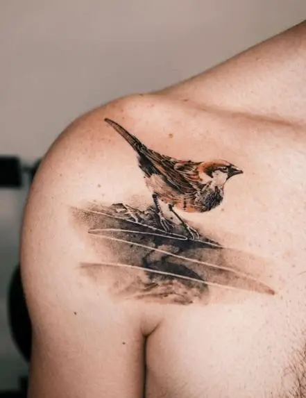 Black & Orange Sparrow Shoulder Tattoo