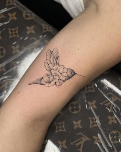 Linework Floral Hummingbird Tattoo
