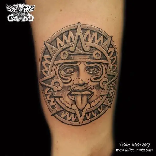Black and Grey Mayan Sun Biceps Tattoo