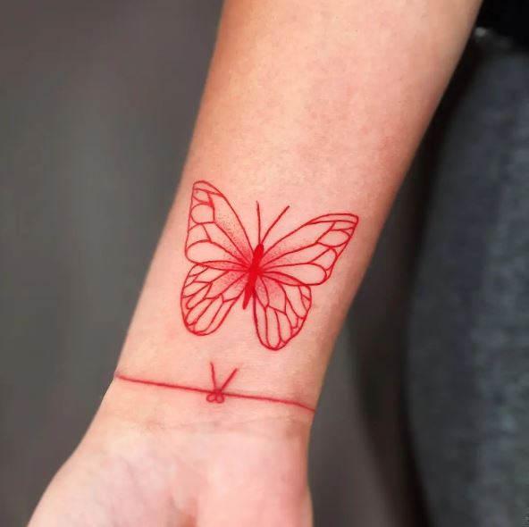 Knot and Red Butterfly Wrist Tattoo