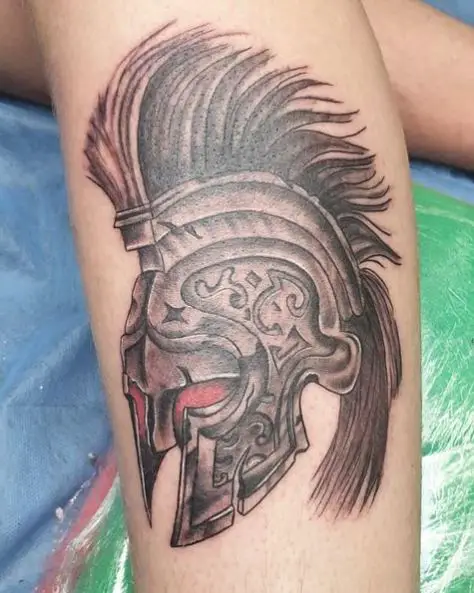 Grey Spartan Helmet with Plume Tattoo