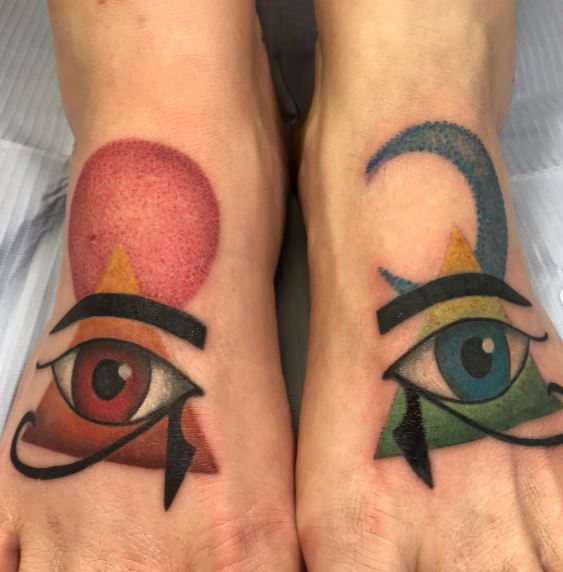 Sun Moon and Pyramid Background Eye of Horus Foot Tattoo