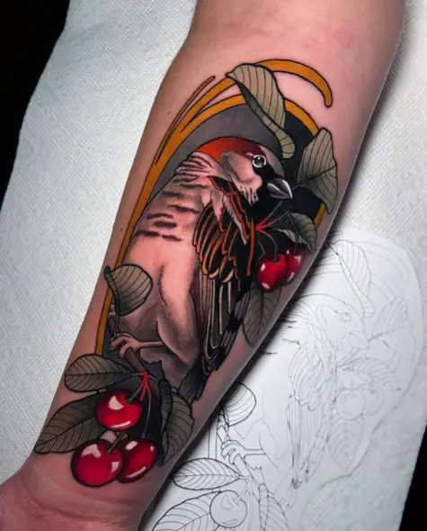 Cherries and Sparrow Forearm Tattoo