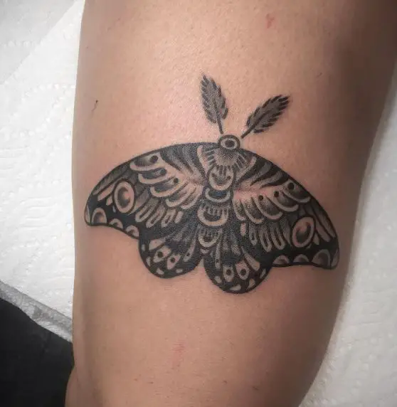 Grey Shaded Butterfly Thigh Tattoo