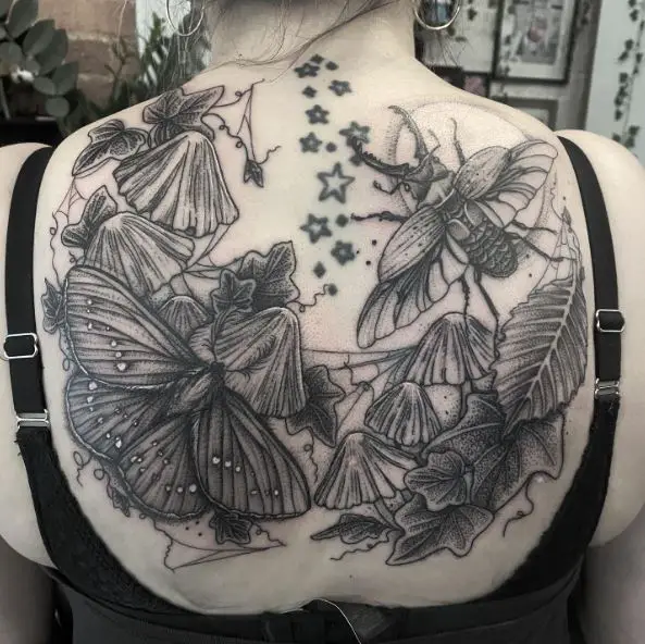 Mushrooms Poison Ivy Beetle and Moth Back Tattoos