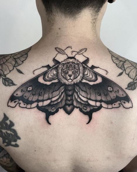 Black and Grey Jaguar Moth Back Tattoo