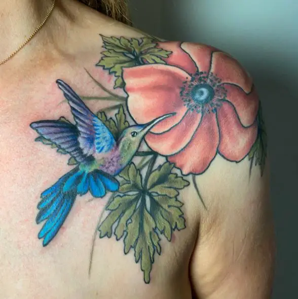 Shoulder Lotus and Hummingbird Tattoo