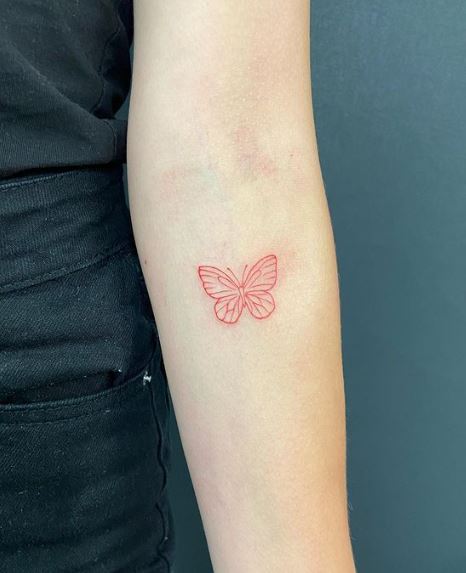 Red Outline Butterfly Forearm Tattoo