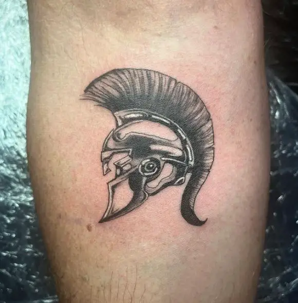 Small Grey Spartan Helmet Forearm Tattoo
