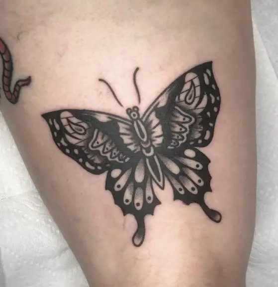 Grey Shaded Butterfly Thigh Tattoo