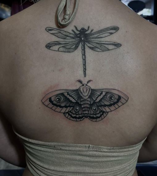 Grey Dragonfly and Moth Spine Tattoo