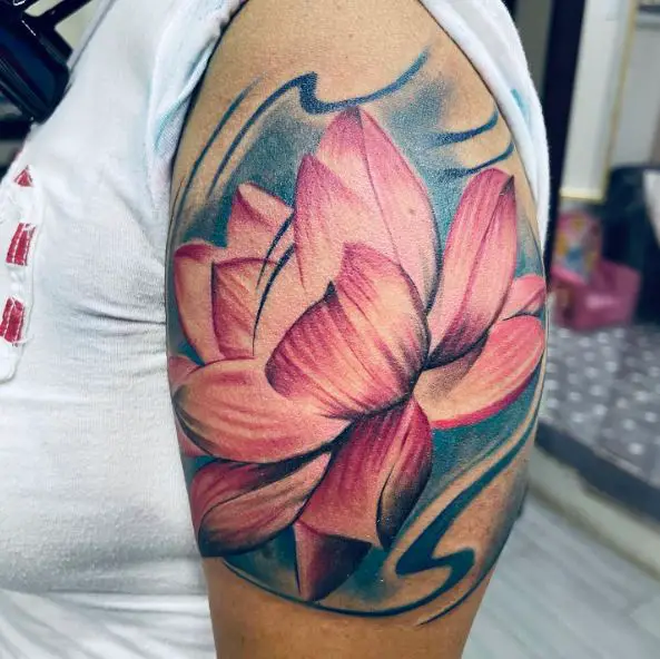 Red Lotus Flower Arm Tattoo