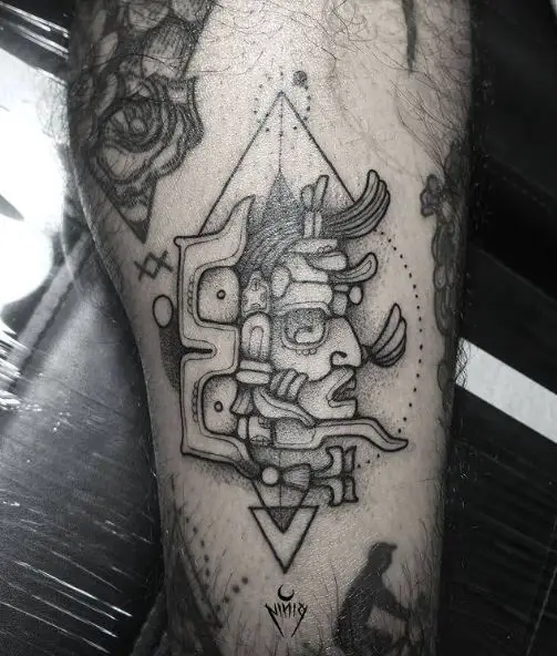 Grey Pyramid and Mayan God of Sun Leg Tattoo