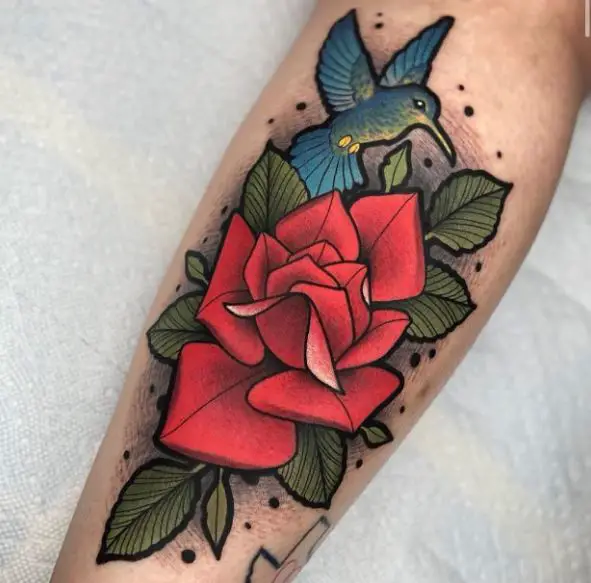 Clean Rose and Hummingbird Tattoo