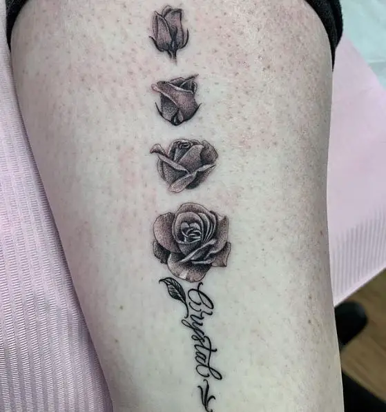 Red & Black Rose Bud to Flower Cycle with Letters Tattoo