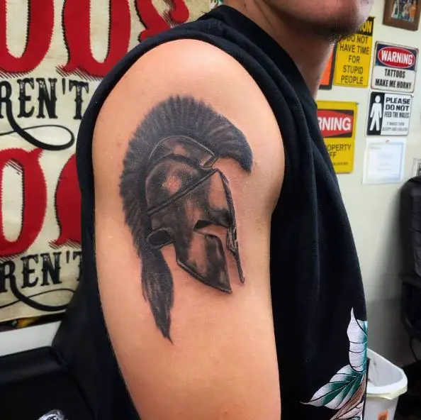 Black and Grey Spartan Helmet Shoulder Tattoo
