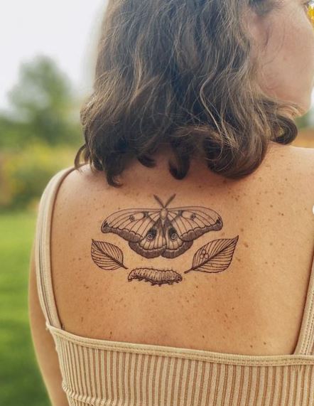 Caterpillar Leaves and Moth Back Tattoo