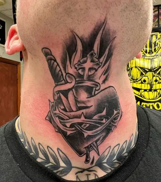 Stabbed Bleeding Sacred Heart Throat Tattoo