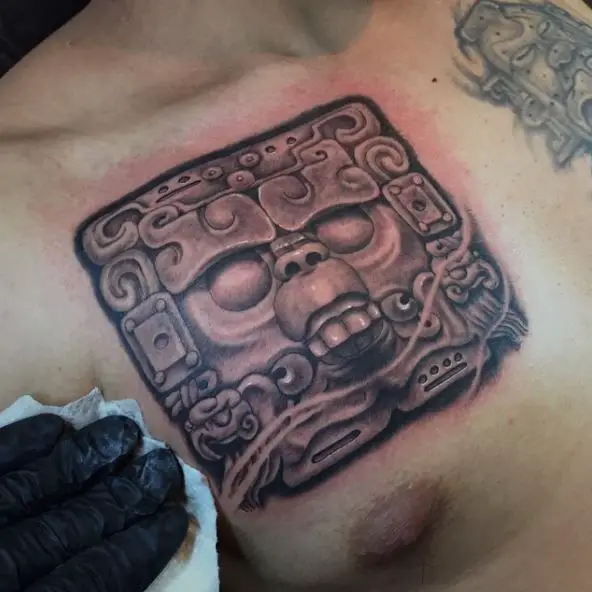 Black and Grey Mayan God of Sun Chest Tattoo