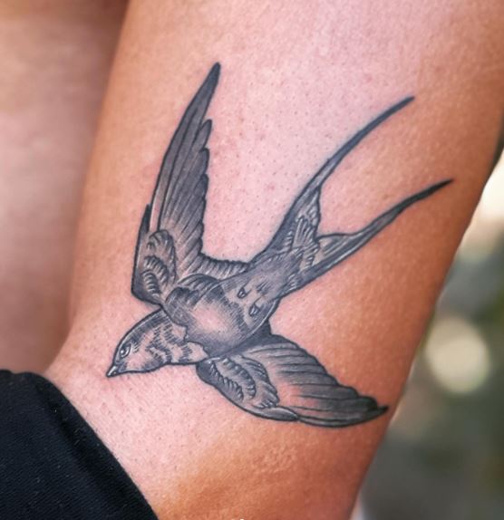 Grey Shaded Realistic Swallow Elbow Tattoo