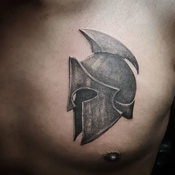 3D Grey Spartan Helmet Chest Tattoo