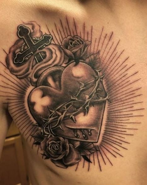 Grey Roses and Bleeding Sacred Heart Chest Tattoo