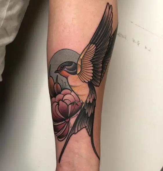 Colored Flower and Sparrow Arm Tattoo