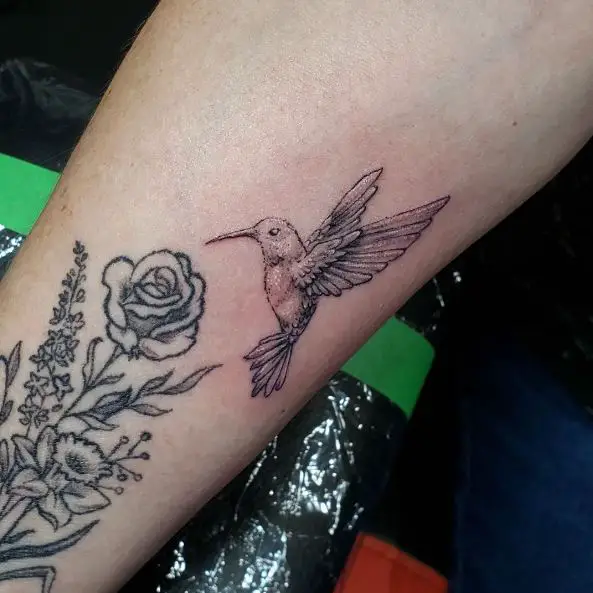 Shaded Hummingbird over Rose Tattoo