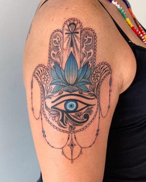 Hamsa Hand with Ankh and Eye of Horus Tattoo