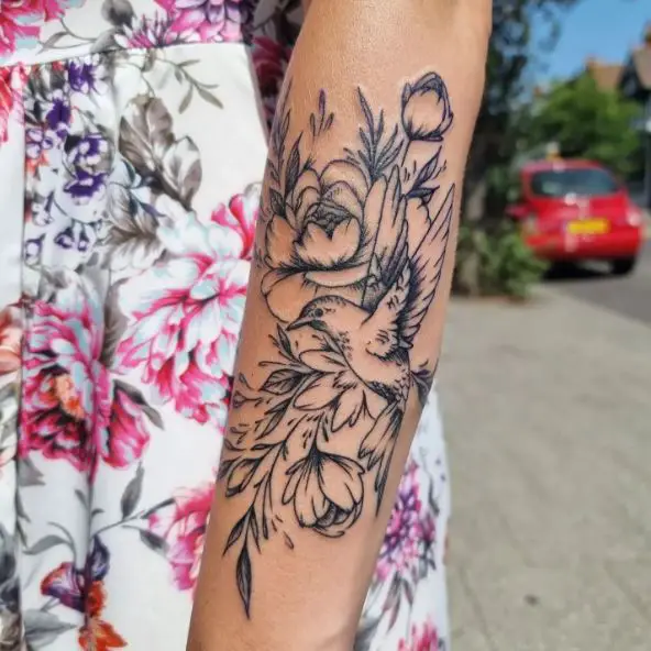 Peonies and Hummingbird Tattoo