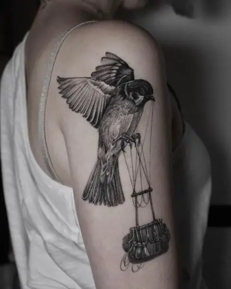 Sparrow with Basket Arm Tattoo